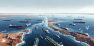 Oil tankers moving through the Strait of Hormuz amid reports of Iran considering yuan-based trade conditions