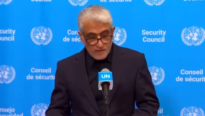 iran-un-ambassador-iravani- Iran's UN Ambassador Amir Saeid Iravani speaking at United Nations headquarters accusing US-Israel of civilian targeting in March 2026 conflict
