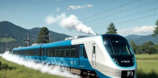 Japan HYBARI hydrogen powered passenger train running on railway track
