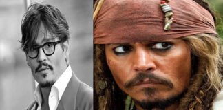 Johnny Depp as Captain Jack Sparrow standing on a pirate ship deck