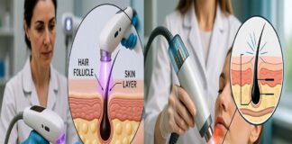 Laser hair removal cosmetic treatment targeting hair follicles on skin