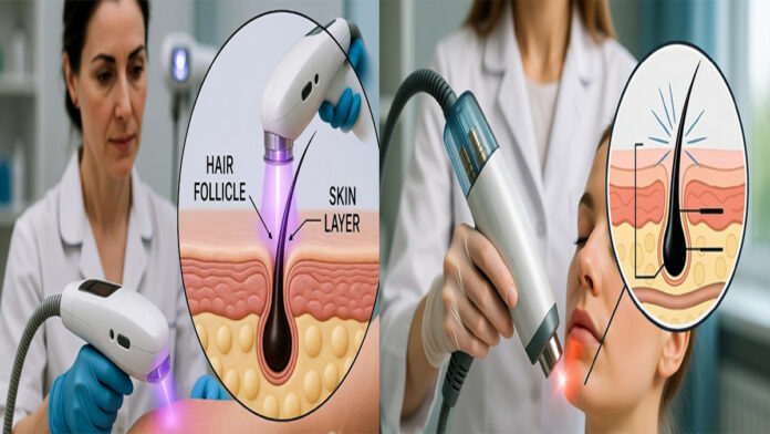 Laser Hair Removal Treatment and Possible Side Effects Laser hair removal cosmetic treatment targeting hair follicles on skin