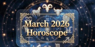 March 2026 zodiac horoscope wheel showing planetary alignment affecting Aries to Pisces