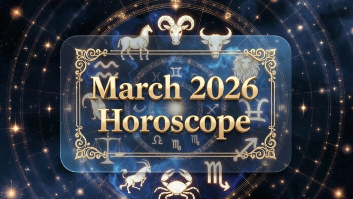 march-2026-monthly-horoscop March 2026 zodiac horoscope wheel showing planetary alignment affecting Aries to Pisces
