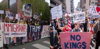 Massive crowd at No Kings protest in the United States holding signs and banners for democracy