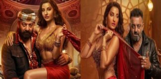 Nora Fatehi Sarke Chunar Fatwa controversy image during dance performance with Sanjay Dutt KD movie