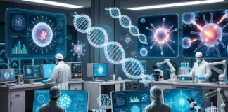 Scientists developing a personalized mRNA cancer vaccine targeting tumor cells in laboratory research