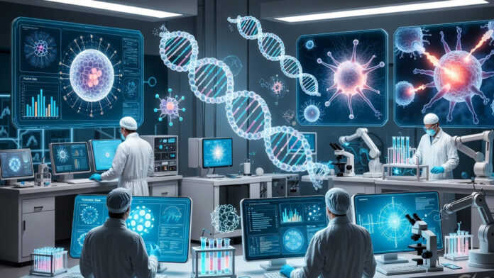 personalized-mrna-cancer-va Scientists developing a personalized mRNA cancer vaccine targeting tumor cells in laboratory research