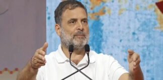 Rahul Gandhi addressing media criticizing Narendra Modi foreign policy in Parliament complex