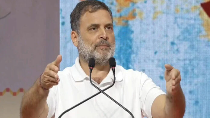 Rahul Gandhi addressing media criticizing Narendra Modi foreign policy in Parliament complex