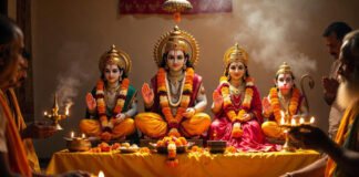 Devotees performing Ram Navami puja with idols of Lord Ram, Sita, Lakshman, and Hanuman during Chaitra Navratri celebrations