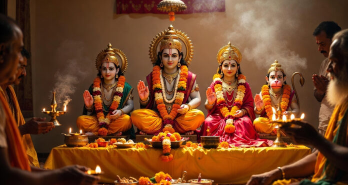 Devotees performing Ram Navami puja with idols of Lord Ram, Sita, Lakshman, and Hanuman during Chaitra Navratri celebrations