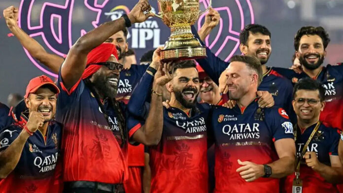 rcb-valuation-2-billion-eqt Royal Challengers Bengaluru players celebrating during an IPL match highlighting the franchise’s growing global valuation