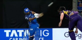 Rohit Sharma playing a powerful shot during MI vs KKR IPL 2026 match at Wankhede Stadium