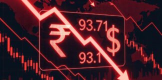 Indian rupee falls to record low against US dollar with forex market screen showing 93.71 rate