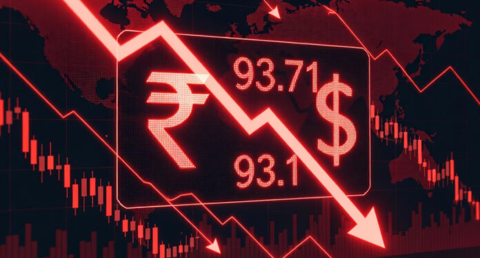 rupee-record-low-93-71-usd- Indian rupee falls to record low against US dollar with forex market screen showing 93.71 rate