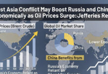 West Asia Conflict May Boost Russia and China Economically as Oil Prices Surge: Jefferies Report Energy market chart with oil prices rising alongside Russian oil exports and China financial market indicators amid the West Asia conflict.
