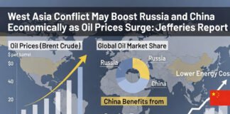 Energy market chart with oil prices rising alongside Russian oil exports and China financial market indicators amid the West Asia conflict.