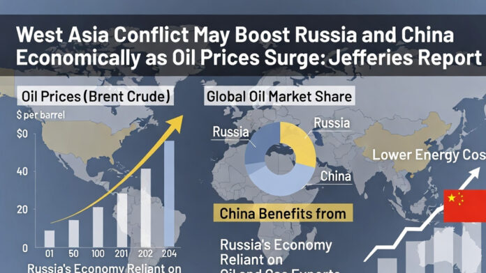 Russia and China Economic Gains Amid West Asia Oil Crisis Energy market chart with oil prices rising alongside Russian oil exports and China financial market indicators amid the West Asia conflict.