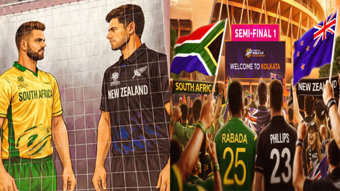 sa-vs-nz-t20-world-cup-2026 South Africa vs New Zealand T20 World Cup 2026 semi-final preview with players from both teams at Eden Gardens stadium.