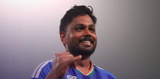 Sanju Samson celebrating after scoring 97 not out vs West Indies T20 World Cup 2026