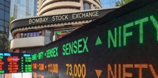 Indian stock market screen showing Sensex and Nifty rising in early trading session