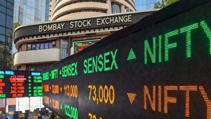 sensex-nifty-indian-stock-m Indian stock market screen showing Sensex and Nifty rising in early trading session