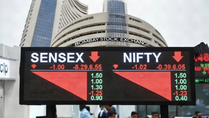 sensex-nifty-market-crash-i Electronic stock market display board showing Sensex and Nifty sharply falling during early trading in India.