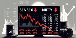 Sensex and Nifty falling on stock market trading screen showing red downward trend