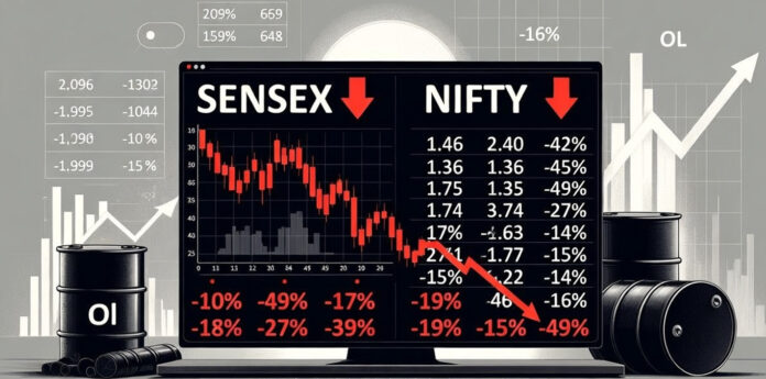 sensex-nifty-market-fall-in Sensex and Nifty falling on stock market trading screen showing red downward trend