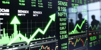 Indian stock market trading screen showing Sensex and Nifty rising in green during early trading session