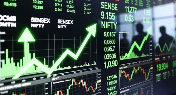 sensex-nifty-opening-gains- Indian stock market trading screen showing Sensex and Nifty rising in green during early trading session