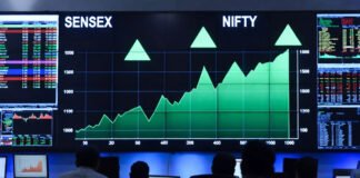 Sensex and Nifty surge on stock market screen with rising charts as rupee hits record low against US dollar