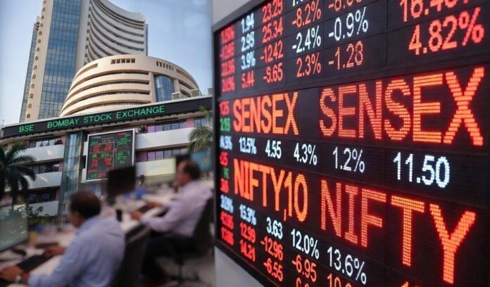 sensex-nifty-stock-market-c Electronic display board showing Sensex and Nifty falling sharply during a stock market trading session in India.