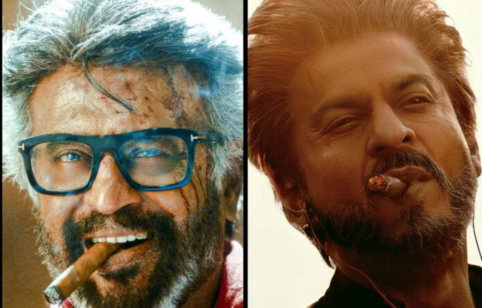 shah-rukh-khan-rajinikanth- Shah Rukh Khan driving a car with Rajinikanth, Mohanlal, and Shiv Rajkumar imagined together for Jailer 2 cameo speculation