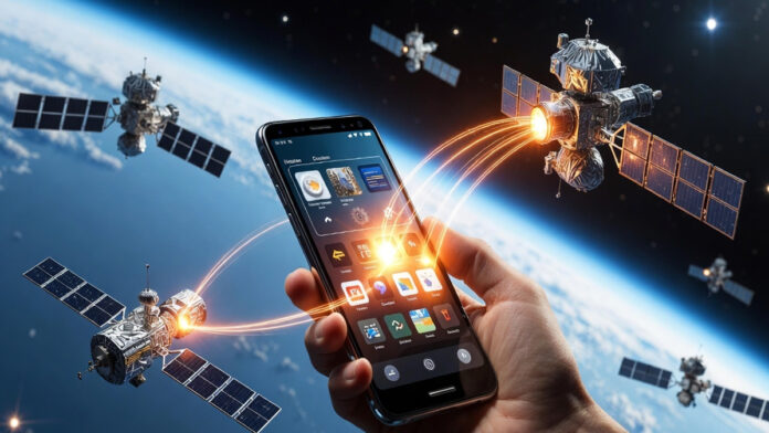 SIM-Less Satellite Smartphone Technology Concept Next-generation SIM-less smartphone connecting directly to satellite network in space