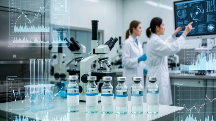 smart-insulin-diabetes-brea Smart insulin research showing insulin vial and glucose monitoring technology for diabetes treatment breakthrough
