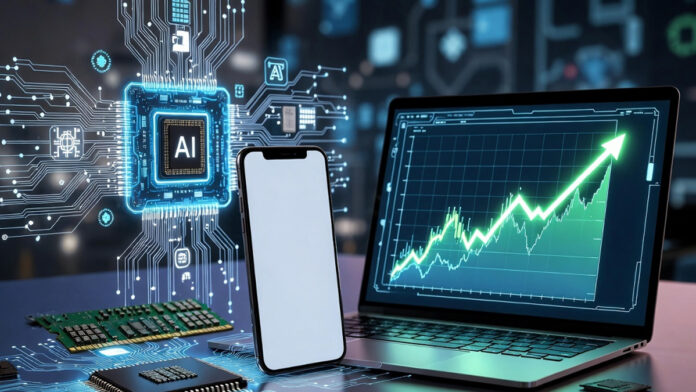 smartphone-laptop-price-hik Smartphone and laptop with rising price graph showing impact of RAM shortage and AI chip demand
