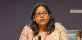 Joint Secretary Sujata Sharma from the Ministry of Petroleum & Natural Gas briefing media on LPG supply and West Asia developments at National Media Centre in New Delhi
