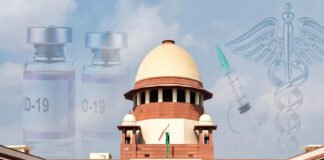 Supreme Court of India building with COVID-19 vaccine vials symbolizing court direction on compensation policy for vaccine side effects.