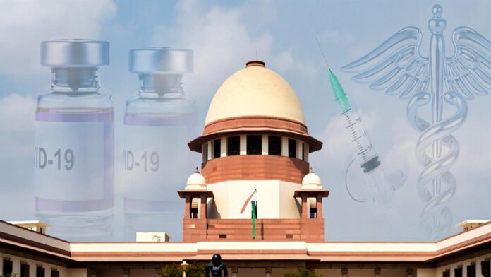 supreme-court-covid-vaccine Supreme Court of India building with COVID-19 vaccine vials symbolizing court direction on compensation policy for vaccine side effects.