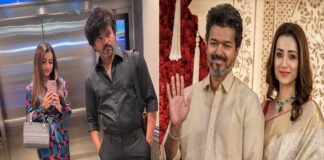 Thalapathy Vijay and Trisha Krishnan attending a wedding reception in Chennai wearing traditional outfits