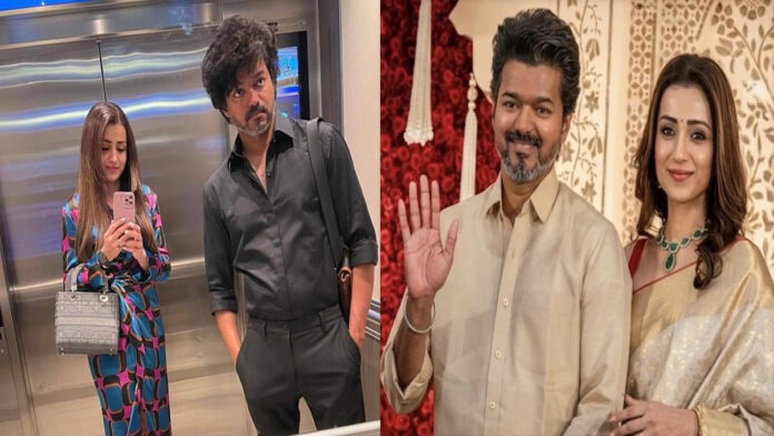 thalapathy-vijay-trisha-kri Thalapathy Vijay and Trisha Krishnan attending a wedding reception in Chennai wearing traditional outfits