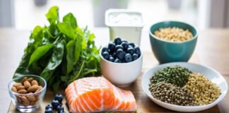 Top healthy foods for diabetes including leafy greens, salmon, berries, nuts, whole grains and yogurt arranged as a diabetes friendly diet meal