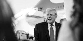 Donald Trump with stock market charts showing sharp movements amid Iran-related announcement