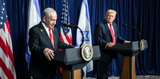 Donald Trump and Benjamin Netanyahu discussing Iran conflict and war decision