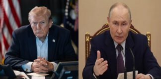 Donald Trump and Vladimir Putin discussing Iran war diplomacy during a high-level phone call amid Middle East tensions.