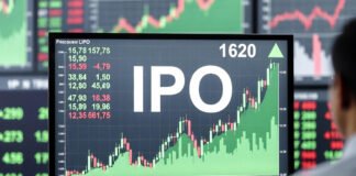 Stock market IPO concept showing financial charts and IPO announcement board