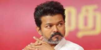 Actor Vijay speaking at a Tamizhaga Vetri Kazhagam political event in Tamil Nadu