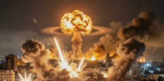 Airstrike smoke rising over Middle East city during escalating Israel Iran conflict